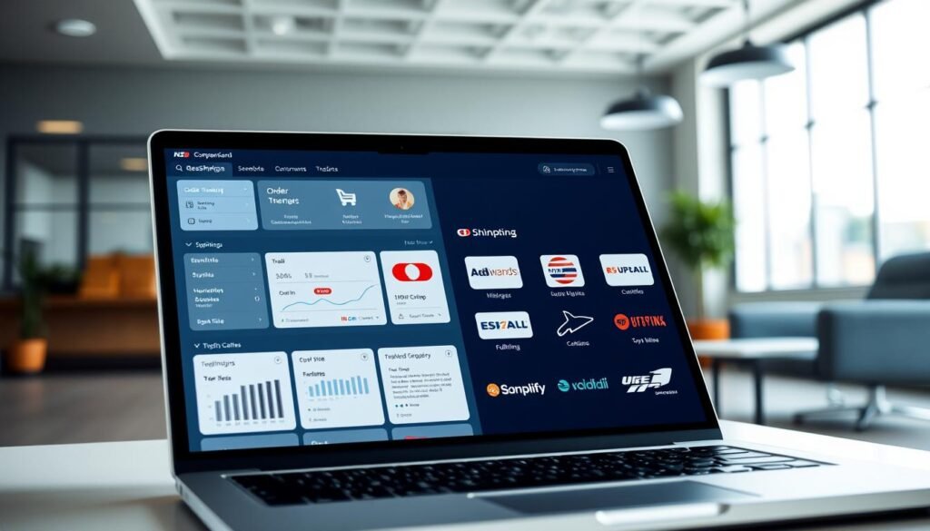 A seamless integration of shipping software, showcasing a sleek and intuitive user interface. In the foreground, a laptop screen displays a comprehensive dashboard, with real-time order tracking, shipping rates, and fulfillment options. The middle ground features a carefully curated selection of shipping carriers, each with their distinct branding and logos. In the background, a clean and minimalist office setting, with modern furniture and natural lighting, creating a professional and efficient atmosphere. The overall composition conveys a sense of efficiency, connectivity, and a streamlined shipping experience.