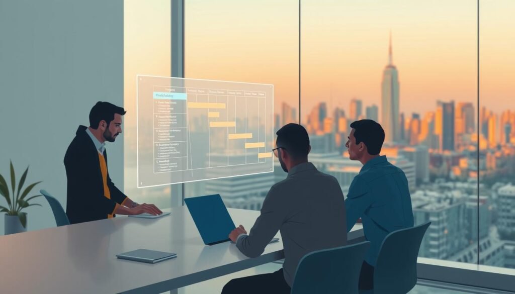 A serene and professional project management journey, captured in a stylized illustration. In the foreground, a focused team collaborates at a sleek, minimalist workspace, their expressions conveying determination and expertise. The middle ground features a holographic Gantt chart, elegantly suspended in the air, showcasing the intricate details of a well-orchestrated project timeline. In the background, a panoramic view of a modern city skyline, bathed in warm, golden lighting, symbolizing the successful completion of the endeavor. The overall atmosphere exudes a sense of efficiency, innovation, and a commitment to excellence in project management.