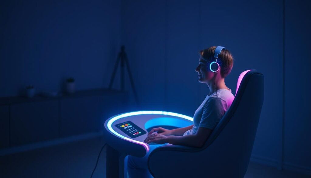 A serene, dimly lit room with a futuristic, curved brain-computer interface station at the center. Soft, multicolored lights emanate from the console, casting an ethereal glow on the user's face as they undergo a personalized light and sound stimulation session. Subtle vibrations in the chair synchronize with the pulsing rhythms, creating a deeply immersive, calming experience. The background is blurred, hinting at advanced neuroscience technology supporting the innovative NeuroVizr system. The scene conveys a sense of focus, relaxation, and the cutting-edge nature of the featured software solution. A serene, dimly lit room with a futuristic, curved brain-computer interface station at the center. Soft, multicolored lights emanate from the console, casting an ethereal glow on the user's face as they undergo a personalized light and sound stimulation session. Subtle vibrations in the chair synchronize with the pulsing rhythms, creating a deeply immersive, calming experience. The background is blurred, hinting at advanced neuroscience technology supporting the innovative NeuroVizr system. The scene conveys a sense of focus, relaxation, and the cutting-edge nature of the featured software solution.