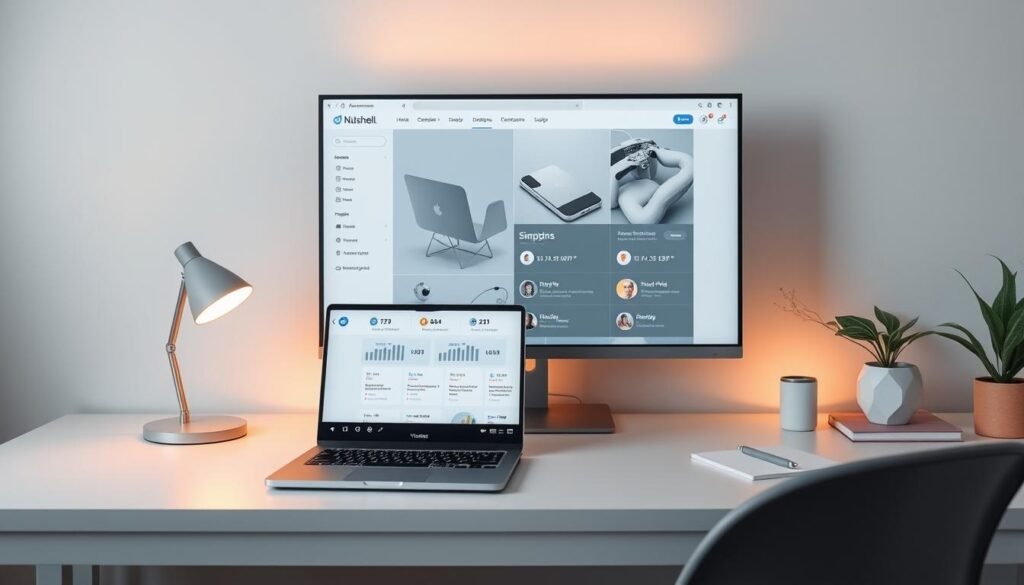 A serene, minimalist workspace with a sleek laptop, clean lines, and a subtle color palette of soft greys and blues. A large, high-resolution monitor displays the Nutshell.com interface, showcasing its intuitive, user-friendly design. Warm, directional lighting illuminates the scene, creating a calm and inviting atmosphere. The desk is meticulously organized, with only the essential items present, conveying a sense of efficiency and focus. The overall composition emphasizes the seamless, enjoyable user experience offered by Nutshell.com, making it the central focus of the image.