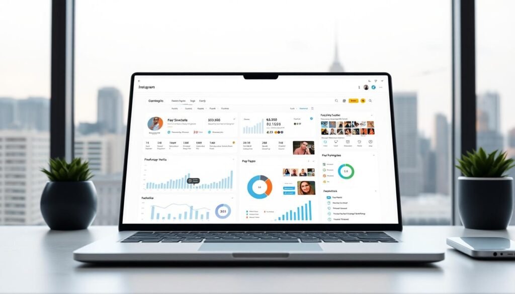 A sleek and modern desktop setup, featuring a minimalist laptop or tablet prominently displaying the "Instagram growth tools" interface. In the foreground, various social media analytics and engagement metrics are visualized through clean infographic-style graphics. The middle ground showcases productivity-enhancing tools like scheduling, automation, and content curation. In the background, a stylized cityscape or office environment sets an aspirational, professional tone. Soft, directional lighting accentuates the elegant design and intuitive user experience of the "Instagram growth tools" software.