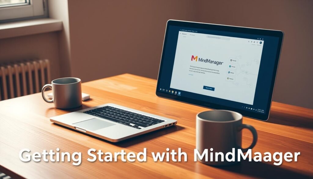 A sleek and modern desktop setup with a laptop, mouse, and coffee mug on a minimalist wooden table. The laptop screen displays the MindManager installation guide, showcasing its user-friendly interface and intuitive design. Warm, diffused lighting from a nearby window creates a productive and inviting atmosphere. The scene conveys a sense of focus and organization, reflecting the "Getting Started with MindManager" section of the article. A sleek and modern desktop setup with a laptop, mouse, and coffee mug on a minimalist wooden table. The laptop screen displays the MindManager installation guide, showcasing its user-friendly interface and intuitive design. Warm, diffused lighting from a nearby window creates a productive and inviting atmosphere. The scene conveys a sense of focus and organization, reflecting the "Getting Started with MindManager" section of the article.