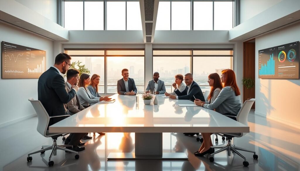 A sleek and modern office scene, with a spacious layout and clean, minimalist design. In the center, a team of professionals engages in a collaborative discussion around a large conference table, their animated gestures and attentive expressions conveying the efficiency and expertise of Recruiterpm.com's employment management solutions. The room is bathed in warm, natural light filtering through large windows, lending an air of professionalism and productivity. On the walls, subtle digital displays showcase key metrics and data visualizations, emphasizing the data-driven nature of the platform. The overall atmosphere exudes a sense of organization, innovation, and a commitment to delivering exceptional recruitment services.