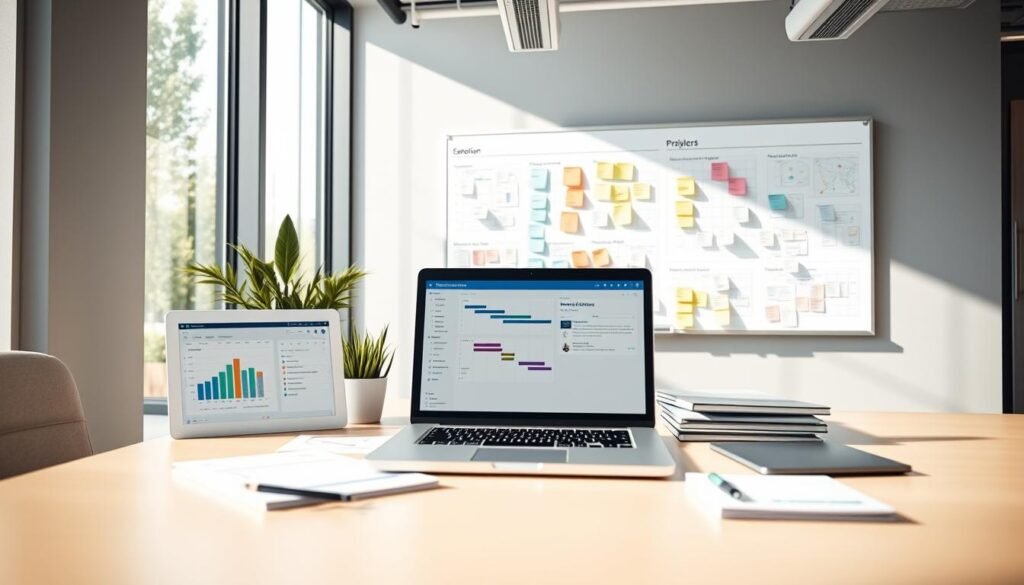 A sleek and modern office space, with large windows letting in natural light. On the desk, a laptop and a variety of project management tools, such as Gantt charts, calendars, and task management software. In the background, a whiteboard filled with colorful sticky notes and diagrams, showcasing the advanced features of Nutshell.com's project management platform. The overall scene conveys a sense of efficiency, organization, and collaboration, with a subtle hint of technology and innovation.