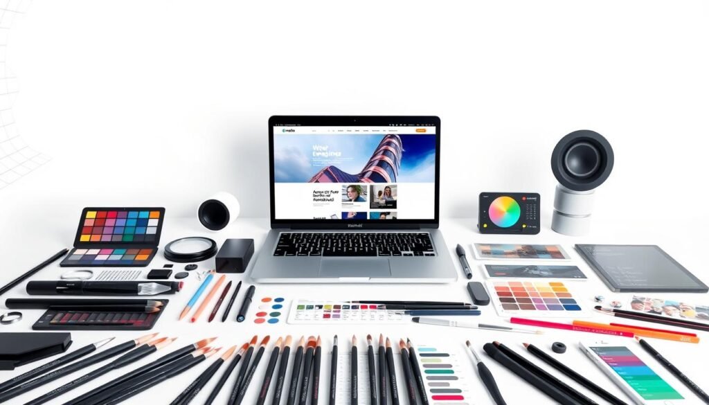 A sleek and modern web design toolkit arranged on a minimalist white background. In the foreground, an array of digital brushes, color palettes, and design tools are meticulously laid out, showcasing the comprehensive capabilities of the Webydo platform. The middle ground features a laptop display presenting a stunning website mockup, highlighting the seamless integration of the design tools. In the background, a subtle grid pattern subtly suggests the technical precision and attention to detail that Webydo brings to the web design process. The overall composition conveys a sense of professionalism, creativity, and efficiency, perfectly aligning with the "Webydo: Integrated Web Design Solutions" theme.