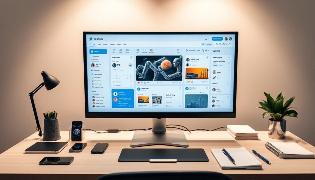 A sleek and modern workspace with a central computer monitor showcasing intuitive social media management features. The screen displays a clean dashboard with customizable widgets for scheduling posts, analyzing analytics, and managing multiple accounts. In the foreground, various mobile devices, notebooks, and desk accessories create a productive and organized environment. Soft, indirect lighting from above casts a warm, professional glow, while the background features a minimalist, neutral-toned wall, creating a sense of focus and efficiency. The overall scene conveys the seamless integration of social media management tools into a well-designed, streamlined workflow.