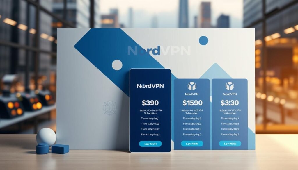 A sleek, modern VPN subscription plan display showcasing NordVPN's pricing tiers. The foreground features stylized icons and minimalist typography highlighting the different plan options, arranged in a grid layout. The middle ground depicts abstract geometric shapes and gradients in NordVPN's signature blue and white color palette, creating a sense of depth and sophistication. The background is a softly blurred cityscape, hinting at the secure online connectivity that NordVPN provides. The overall scene is lit by a warm, directional light source, casting subtle shadows and highlights to accentuate the plan details. The mood is professional, informative, and visually appealing, perfectly suited to illustrate the "Pricing and Subscription Plans" section of the NordVPN article. A sleek, modern VPN subscription plan display showcasing NordVPN's pricing tiers. The foreground features stylized icons and minimalist typography highlighting the different plan options, arranged in a grid layout. The middle ground depicts abstract geometric shapes and gradients in NordVPN's signature blue and white color palette, creating a sense of depth and sophistication. The background is a softly blurred cityscape, hinting at the secure online connectivity that NordVPN provides. The overall scene is lit by a warm, directional light source, casting subtle shadows and highlights to accentuate the plan details. The mood is professional, informative, and visually appealing, perfectly suited to illustrate the "Pricing and Subscription Plans" section of the NordVPN article.