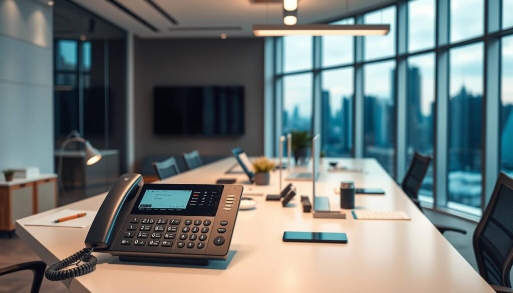 A sleek, modern office interior with a prominent desk featuring a state-of-the-art business phone system. Soft, indirect lighting illuminates the scene, creating a professional and productive atmosphere. In the foreground, the phone system's crisp display and intuitive controls are visible, showcasing its user-friendly interface. The middle ground features various productivity tools and accessories, while the background reveals floor-to-ceiling windows providing a scenic cityscape view. The overall impression conveys the efficient and seamless performance of the cloud-based business phone system, enhancing the user experience.