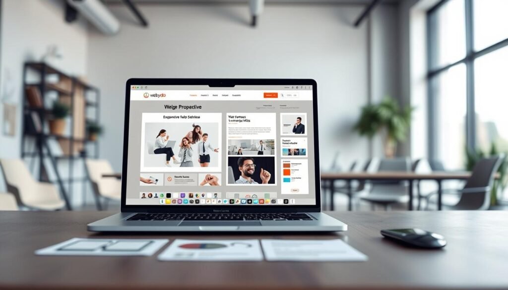 A sleek, modern web design interface with a clean, minimalist aesthetic. The foreground features a laptop display showcasing a responsive website layout, crisp typography, and elegant color schemes. The middle ground includes various design tools and UI elements such as wireframe grids, color palettes, and typography controls. The background depicts a serene, blurred office environment with large windows letting in soft, natural lighting. The overall mood is one of efficiency, creativity, and professionalism, reflecting the comprehensive web design capabilities of the Webydo platform.