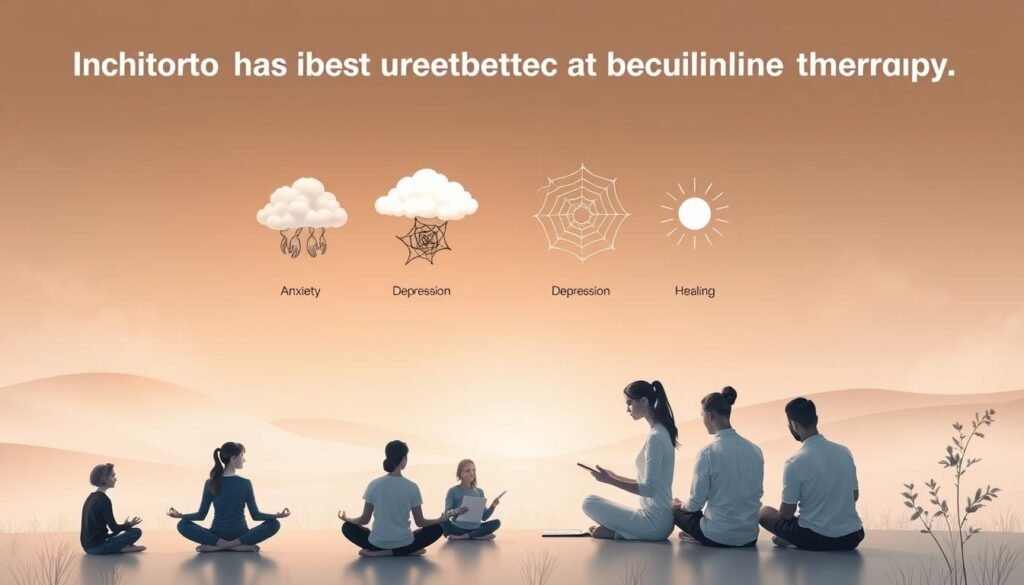 A tranquil, minimalist scene depicting various conditions treated through online therapy. In the foreground, a diverse group of individuals engaged in introspective activities - meditation, journaling, talking with a therapist. The middle ground showcases visual metaphors for common mental health concerns, such as a storm cloud for anxiety, a tangled web for depression, and a bright light for healing. The background features a calming, nature-inspired landscape with soft lighting, creating an atmosphere of serenity and wellness. The overall composition conveys a sense of holistic, compassionate care and the transformative power of online therapeutic support. A tranquil, minimalist scene depicting various conditions treated through online therapy. In the foreground, a diverse group of individuals engaged in introspective activities - meditation, journaling, talking with a therapist. The middle ground showcases visual metaphors for common mental health concerns, such as a storm cloud for anxiety, a tangled web for depression, and a bright light for healing. The background features a calming, nature-inspired landscape with soft lighting, creating an atmosphere of serenity and wellness. The overall composition conveys a sense of holistic, compassionate care and the transformative power of online therapeutic support.
