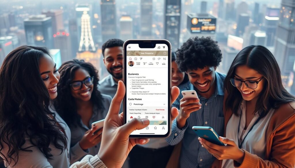 A vibrant and dynamic scene showcasing "Instagram for entrepreneurs". In the foreground, a group of diverse business owners enthusiastically using a sleek, mobile-friendly social media platform, their expressions animated as they share updates, connect with peers, and leverage the app's features to promote their products and services. The middle ground features a minimalist, yet elegant user interface with clean typography, intuitive navigation, and integrated analytics tools. The background depicts a bustling cityscape, suggesting the global reach and impact of this entrepreneurial-focused social network. Lighting is soft and diffused, creating a warm, professional atmosphere. The overall composition conveys a sense of community, productivity, and the power of social media to fuel business growth and success.