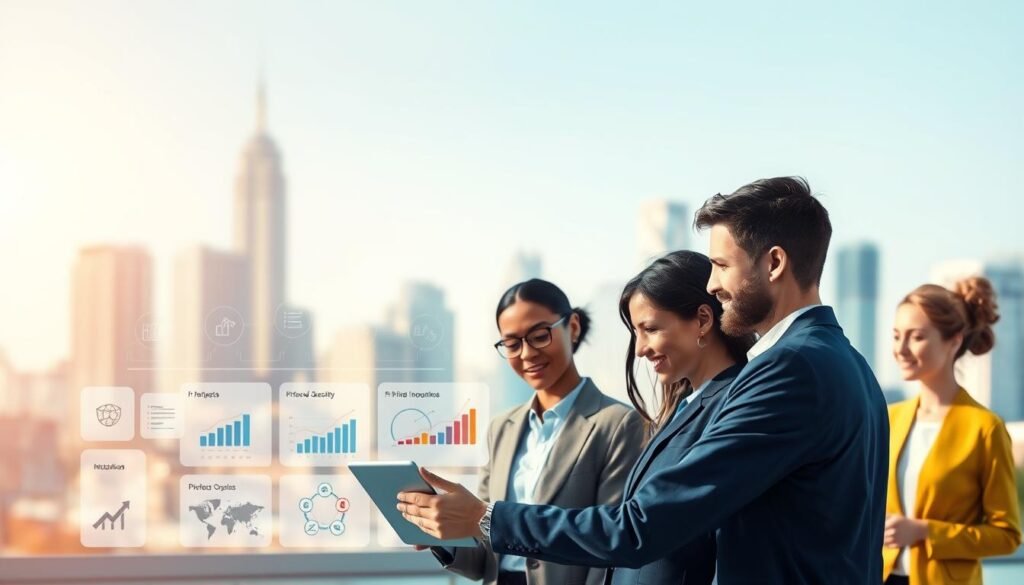 A vibrant and modern illustration depicting intelligent hiring solutions. In the foreground, a group of diverse professionals collaborating on a digital interface, their expressions focused and engaged. The middle ground showcases various hiring tools and analytics, presented with a clean, minimalist aesthetic. In the background, a blurred cityscape serves as a dynamic backdrop, hinting at the progressive, technology-driven nature of the solutions. The lighting is soft and natural, creating a sense of clarity and professionalism. The overall composition conveys a sense of innovation, efficiency, and a forward-thinking approach to talent management.