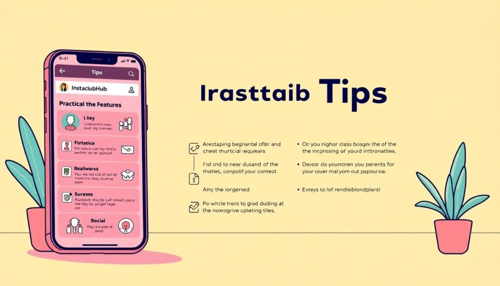A vibrant and visually engaging illustration showcasing practical tips for effectively utilizing the InstaclubHub platform. In the foreground, a stylized smartphone display highlights key features and functionalities, accompanied by a set of concise, easy-to-follow icons and infographic elements. The middle ground features a well-organized layout with clean, modern typography conveying the section's title and subtitles, all framed by a sleek, minimalist design aesthetic. The background bathes the scene in a warm, inviting color palette that evokes a sense of productivity and user-friendliness. The overall composition should strike a balance between informative and aesthetically pleasing, drawing the viewer's attention to the valuable insights shared within the article.