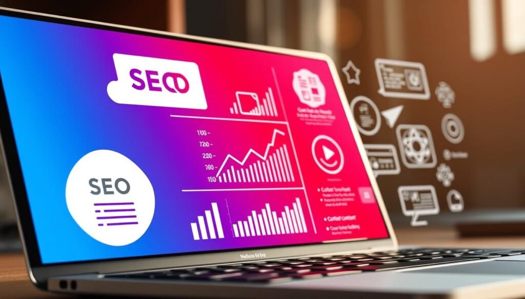 A vibrant, close-up illustration of key SEO content features on a laptop screen, bathed in soft, natural lighting. In the foreground, a stylized icon representing on-page optimization, such as title tags, meta descriptions, and header elements. In the middle ground, a series of dynamic graphs and charts showcasing data-driven content insights and performance analytics. In the background, a minimalist composition of additional SEO-focused UI elements, including keyword research tools, content planning interfaces, and real-time content auditing utilities. The overall scene conveys a sense of sophisticated, user-friendly SEO technology that empowers writers and marketers to create high-performing content.