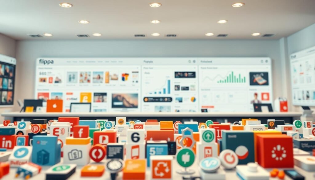 A vibrant digital marketplace showcasing a diverse array of online businesses for sale on Flippa. In the foreground, a variety of icons representing different business types - e-commerce stores, blogs, apps, and software tools. The middle ground features product images, analytics dashboards, and transaction details, highlighting the transparency and range of opportunities. The background depicts a sleek, minimalist interface with clean typography and intuitive navigation, conveying Flippa's user-friendly platform. Soft, diffused lighting creates a professional, inviting atmosphere, while a subtle depth of field draws the viewer's focus to the core elements. The overall composition should convey the breadth, accessibility, and appeal of Flippa's digital business marketplace.