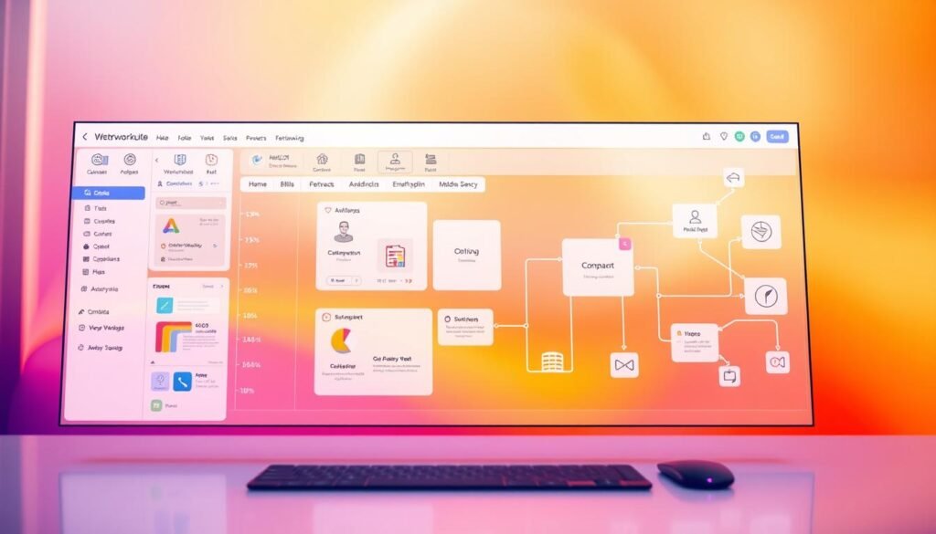 A vibrant digital workspace with a sleek workflow automation interface. The foreground showcases a central dashboard with various customizable modules, controls, and data visualizations. The middle ground features interconnected workflow components, represented by clean geometric shapes and icons. The background subtly blends warm and cool tones, creating a sense of depth and technological sophistication. Soft ambient lighting illuminates the scene, highlighting the intuitive and user-friendly design. The overall composition conveys the efficiency, streamlining, and productivity enabled by the workflow automation platform.