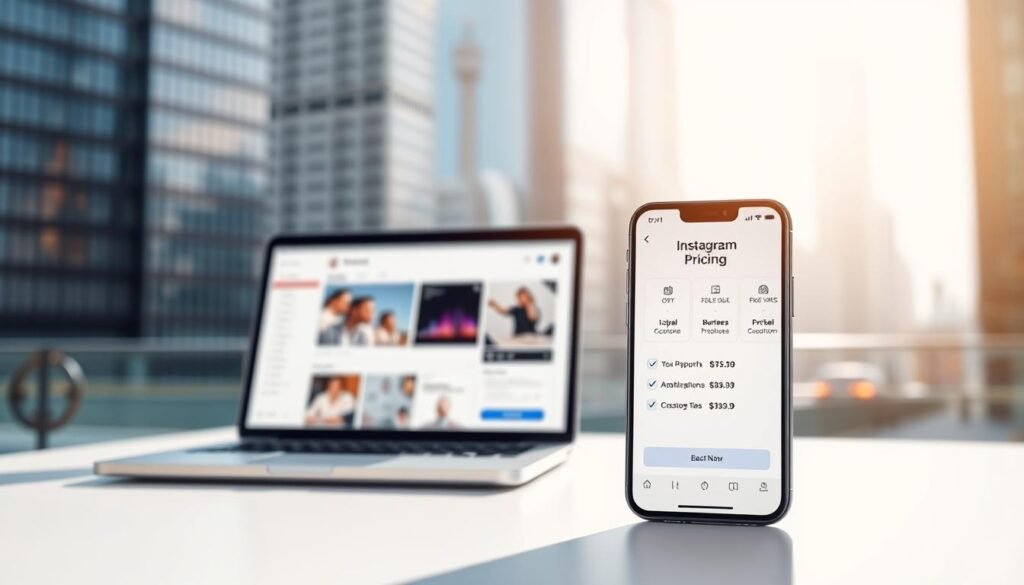 A vibrant, minimalist Instagram pricing plans display. In the foreground, a sleek iPhone display showcases three pricing tiers on a clean, white background, with crisp icons and subtle gradient accents. The middle ground features a laptop displaying a dashboard of social media analytics, conveying the value proposition. In the background, a soft, out-of-focus cityscape with modern skyscrapers and a bright, natural lighting setting, evoking a professional, urban atmosphere. The overall mood is one of simplicity, elegance, and the intersection of technology and social media.