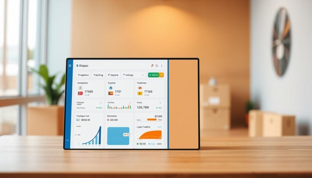 A vibrant, minimalist software interface showcasing a multi-carrier shipping solution. In the foreground, a clean dashboard displays a range of shipping options, package tracking, and seamless fulfillment tools. The middle ground features a sleek, user-friendly design with intuitive icons and clear data visualizations. The background softly blurs, creating a sense of depth and focus on the core functionality. Warm, neutral tones convey a professional, reliable atmosphere, while strategic lighting highlights the software's key features. The overall composition reflects the simplicity, efficiency, and comprehensive nature of the "Shippo" shipping and fulfillment platform.