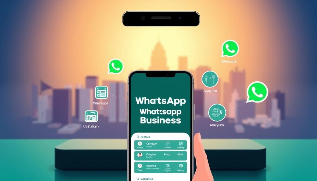 A vibrant, modern illustration showcasing the key features of WhatsApp Business. In the foreground, a sleek smartphone display highlights various WhatsApp Business tools like messaging, catalog, and analytics. The middle ground features stylized icons and UI elements, conveying the intuitive and user-friendly experience. The background depicts a soft, blurred cityscape, radiating a sense of professional connectivity and productivity. The lighting is natural and warm, creating a welcoming atmosphere. The overall composition strikes a balance between simplicity and dynamism, perfectly encapsulating the versatility and utility of the WhatsApp Business platform.