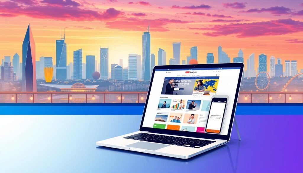 A vibrant, visually-striking illustration showcasing the key features of web design using the Webydo platform. In the foreground, a sleek, modern laptop displays a responsive, mobile-friendly website design with clean typography, vivid color palettes, and elegant visual elements. In the middle ground, a team of designers collaborate on customizing the website layout and functionality using Webydo's intuitive drag-and-drop interface, highlighted by a warm, productive atmosphere. In the background, a skyline of contemporary skyscrapers and tech hubs symbolizes the cutting-edge, professional nature of Webydo's web design solutions. The overall composition conveys a sense of creativity, efficiency, and the seamless integration of design and technology.