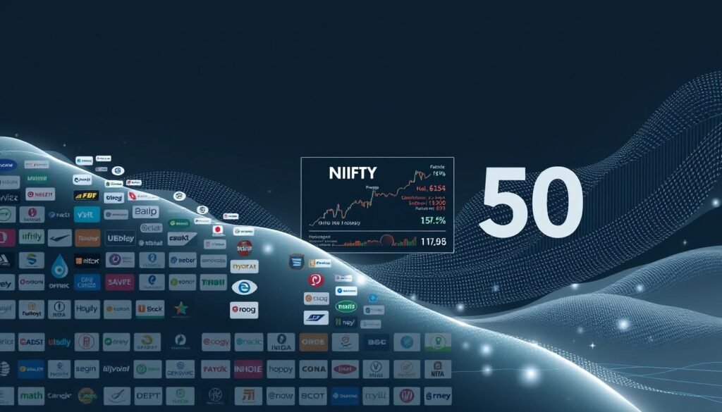 A visually striking digital illustration showcasing the evolving landscape of the Nifty 50 index. In the foreground, a dynamic grid of company logos, some fading away while new ones emerge, representing the changes in the index's constituents. The middle ground features a sleek, minimalist data visualization, highlighting key metrics and statistics about the Nifty 50 changes. The background subtly incorporates shimmering, abstract patterns and textures, evoking the financial markets' ever-shifting nature. Rendered in a muted, sophisticated color palette, the overall composition conveys a sense of transformation, innovation, and the dynamic nature of the Indian stock market. A visually striking digital illustration showcasing the evolving landscape of the Nifty 50 index. In the foreground, a dynamic grid of company logos, some fading away while new ones emerge, representing the changes in the index's constituents. The middle ground features a sleek, minimalist data visualization, highlighting key metrics and statistics about the Nifty 50 changes. The background subtly incorporates shimmering, abstract patterns and textures, evoking the financial markets' ever-shifting nature. Rendered in a muted, sophisticated color palette, the overall composition conveys a sense of transformation, innovation, and the dynamic nature of the Indian stock market.