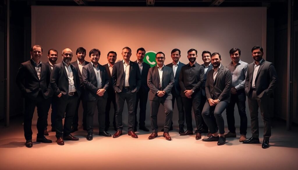 A well-lit, high-resolution group portrait of the founders of WhatsApp Business, captured against a clean, modern backdrop. The founders are standing or sitting, dressed professionally, with expressions conveying confidence and purpose. The lighting is warm and directional, creating dimensional shadows and highlights that accentuate their features. The angle is slightly elevated, giving a sense of authority and leadership. The overall atmosphere is one of innovation, technology, and the future of business communication.