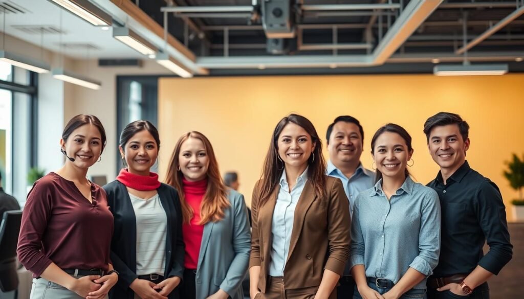 A well-lit, high-resolution image of a group of friendly and approachable customer support representatives for InstaclubHub, a smart shopping platform. The team stands in a modern, minimalist office setting, their warm expressions and attentive body language conveying a sense of professionalism and willingness to assist. The background features clean, vibrant colors and subtle details that complement the brand's aesthetic, creating an inviting and customer-centric atmosphere. The image aims to visually communicate the reliable and personalized support available to InstaclubHub's users.