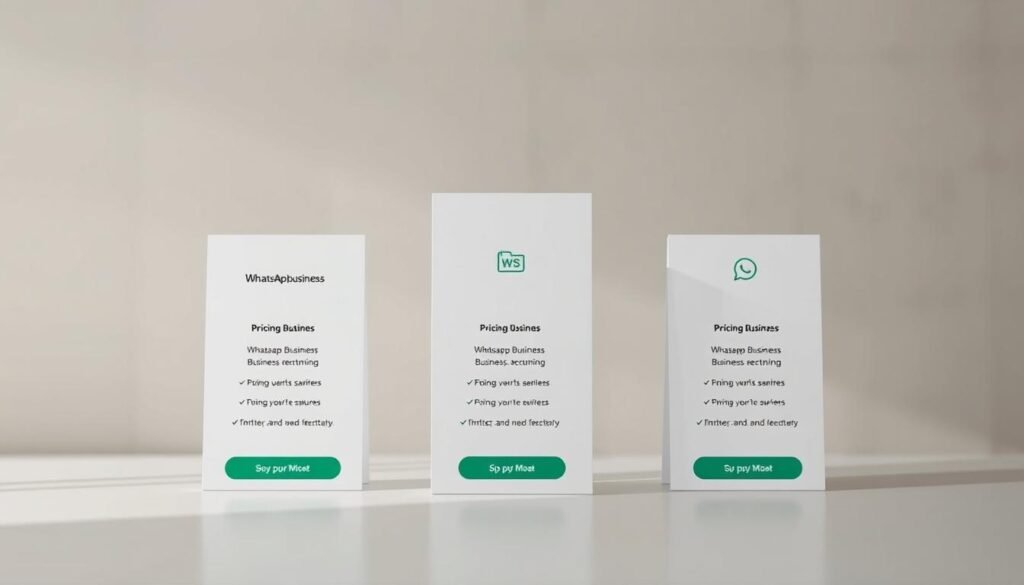 A well-lit, high-resolution image of the WhatsApp Business pricing plans, presented in a clean, modern layout. The foreground features a simple, minimalist display of the different pricing tiers, with clear delineation between the plans and their corresponding features. The middle ground showcases subtle, elegant icons or graphics that complement the pricing information. The background is a soft, blurred gradient in muted tones, creating a professional and polished atmosphere. The overall composition is balanced, allowing the pricing details to be the focal point, without any distracting elements. The image conveys a sense of clarity, accessibility, and value for the WhatsApp Business solutions.