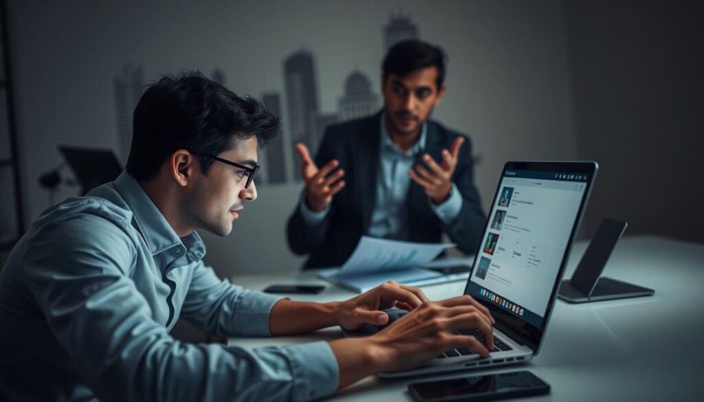 A well-lit scene depicting an online transaction process. In the foreground, a person intently examining a laptop screen, navigating a website with a sleek, modern design. Behind them, a desk cluttered with documents, a mouse, and a smartphone – symbols of a bustling e-commerce operation. The middle ground features a second person, gesturing animatedly as they discuss details of the transaction. The background depicts a stylized cityscape, hinting at the global reach of digital marketplaces. Soft lighting and muted tones create a professional, business-focused atmosphere, capturing the essence of a platform facilitating the buying and selling of online properties.