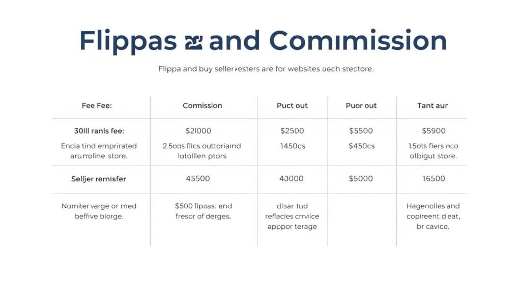 An elegant and minimalist illustration depicting the various fees and commissions associated with the Flippa platform for buying and selling websites and online stores. A clean, white background sets the stage, with the key fees and commissions neatly organized in a structured, grid-like layout, conveyed through a combination of simple icons, numerical values, and succinct text. The overall composition strikes a balance between professionalism and visual appeal, aimed at providing a clear and informative representation of the Flippa service offering for the article's readers.