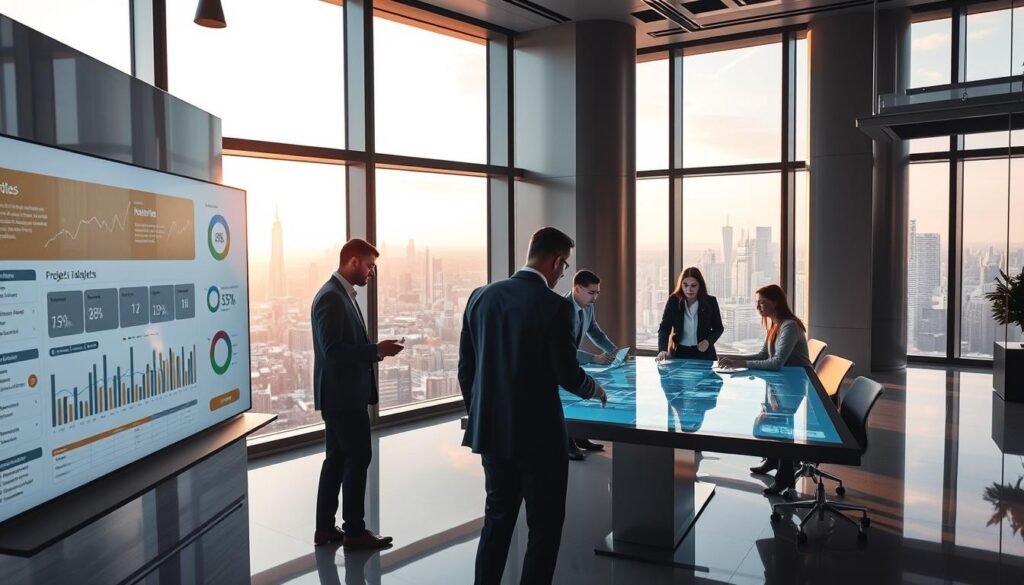 An elegant and modern office interior, filled with smart project management tools and technologies. In the foreground, a sleek, high-resolution digital dashboard displays key metrics and timelines for various projects. The middle ground features a team of professionals collaborating around a large touchscreen table, using intuitive interfaces to coordinate tasks and deadlines. In the background, floor-to-ceiling windows offer a panoramic view of a vibrant cityscape, bathed in warm, natural light. The overall atmosphere is one of efficiency, innovation, and seamless collaboration, reflecting the advanced capabilities of Nutshell.com's project management platform.