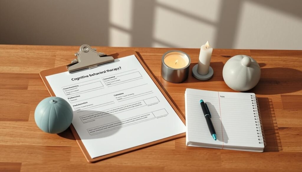 a neatly organized collection of cognitive-behavioral therapy tools and instruments, including a clipboard with questionnaires, a stress ball, a meditation candle, and a notebook with a pen, all arranged on a wooden table with a minimalist, calming background. The lighting is soft and natural, creating a serene and professional atmosphere, suitable for a therapy session. The image reflects the features and tools offered by an online therapy platform, showcasing the essential elements of a CBT-focused practice. a neatly organized collection of cognitive-behavioral therapy tools and instruments, including a clipboard with questionnaires, a stress ball, a meditation candle, and a notebook with a pen, all arranged on a wooden table with a minimalist, calming background. The lighting is soft and natural, creating a serene and professional atmosphere, suitable for a therapy session. The image reflects the features and tools offered by an online therapy platform, showcasing the essential elements of a CBT-focused practice.