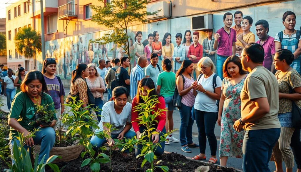 A bustling street scene showcasing the impact of community initiatives. In the foreground, a group of volunteers plant trees, their expressions filled with purpose. In the middle ground, locals converse animatedly, their gestures suggesting a sense of unity and shared purpose. In the background, a mural depicting scenes of unity and progress adorns a building wall, bathed in warm, golden sunlight. The overall atmosphere conveys a vibrant, collaborative energy, where individuals come together to shape a positive, lasting impact on their surroundings.
