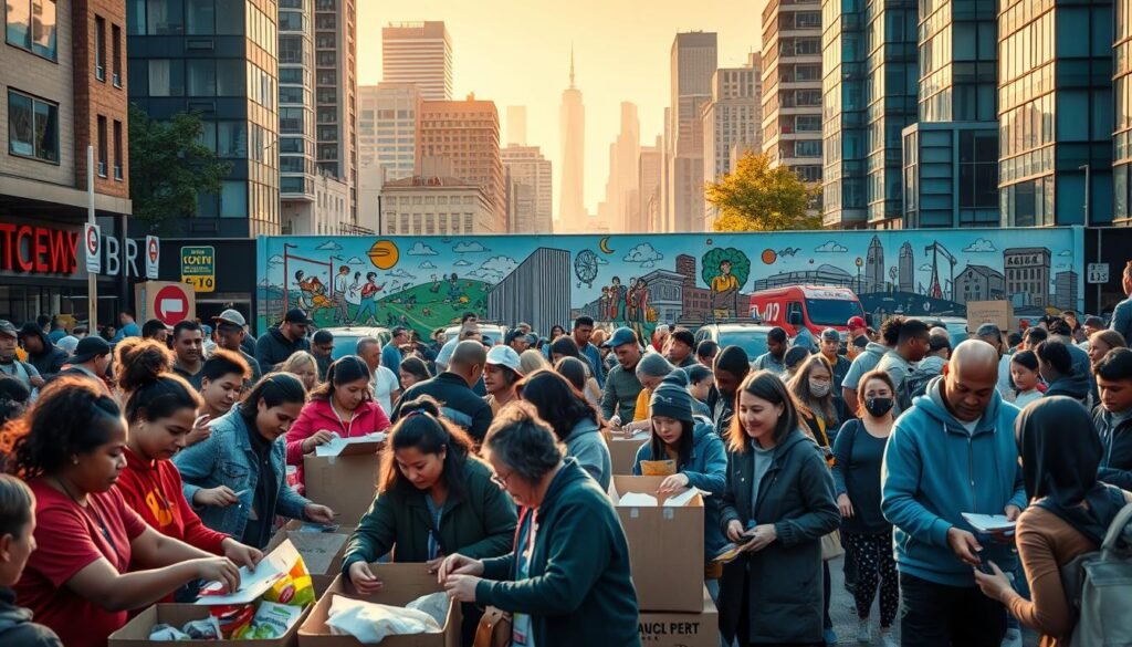 A bustling urban community, filled with people from diverse backgrounds coming together to volunteer. In the foreground, a group of volunteers sorting and packing donations for those in need, their faces lit with a sense of purpose. In the middle ground, a vibrant mural depicting scenes of community service and social impact, a visual representation of the collective effort. The background features a modern cityscape, skyscrapers and infrastructure, symbolizing the far-reaching influence of these volunteer initiatives. The scene is illuminated by warm, natural lighting, casting a sense of optimism and unity over the entire composition. An image that captures the profound societal impact of volunteerism, inspiring and empowering viewers to engage with their local communities.