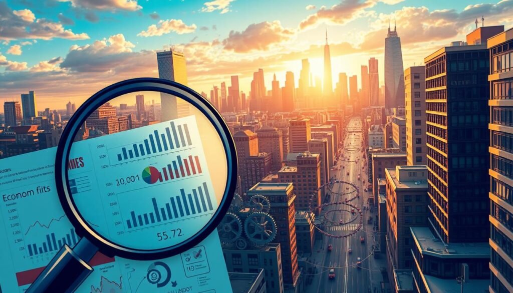 A detailed, meticulously rendered illustration showcasing the economic impact analysis process. In the foreground, a magnifying glass examines various financial data points and charts, representing the deep dive into economic factors. The middle ground features a complex web of interconnected gears, cogs, and levers, symbolizing the intricate mechanisms that drive economic policies and their ramifications. In the background, a cityscape with towering skyscrapers and bustling streets sets the stage, highlighting the broader economic landscape. The lighting is warm and inviting, with strategic shadows emphasizing the depth and complexity of the subject matter. The overall mood is one of analytical rigor, underscoring the importance of understanding the economic impact of policy decisions.