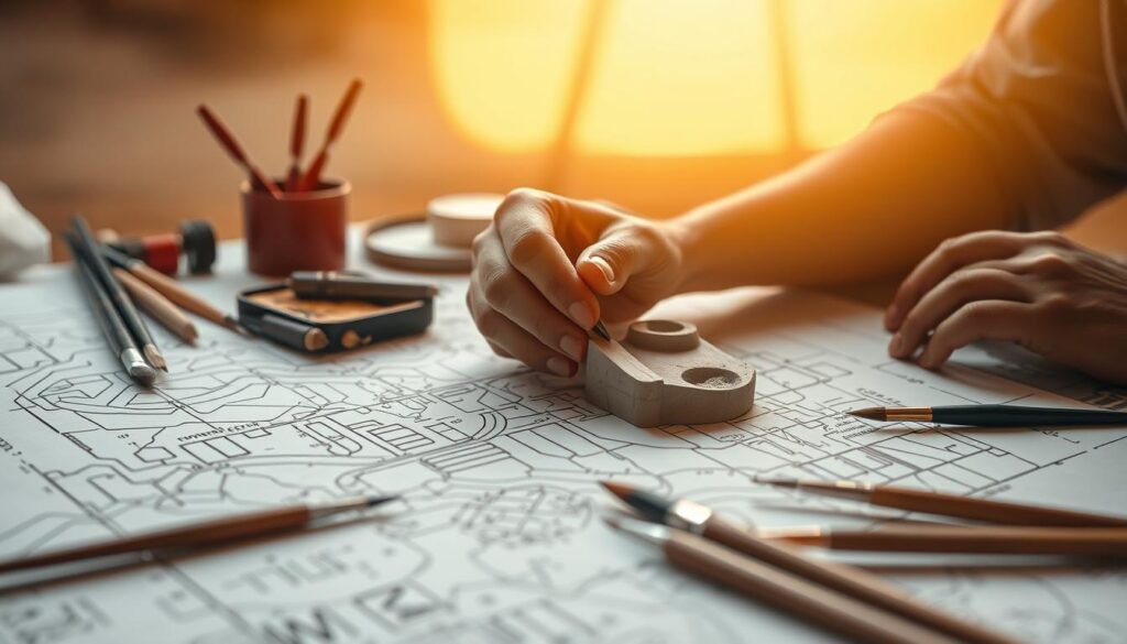 A meticulously crafted blueprint for positive impact, a series of purposeful steps unfolding across a warm, muted backdrop. In the foreground, an artisan's hands skillfully shaping and refining a tangible representation of their vision, each movement intentional and deliberate. The middle ground reveals the tools of the trade - brushes, paints, and materials - arranged with care, hinting at the creative process. The background bathes the scene in a soft, natural light, conveying a sense of tranquility and focus. This image captures the essence of the craft, inviting the viewer to engage with the thoughtful, step-by-step journey of creating meaningful impact.