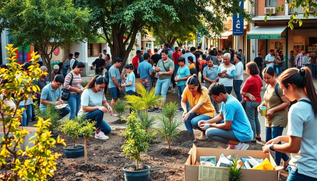 A serene and vibrant outdoor scene depicting a group of diverse volunteers engaged in various altruistic activities. In the foreground, people of all ages are planting trees, sorting donations, and interacting with local community members. The middle ground showcases volunteers painting a mural with vibrant colors, while in the background, a bustling street scene with shops and pedestrians creates a lively backdrop. The lighting is soft and warm, conveying a sense of optimism and camaraderie. The composition features a harmonious balance of people, nature, and urban elements, reflecting the multifaceted nature of voluntary initiatives.