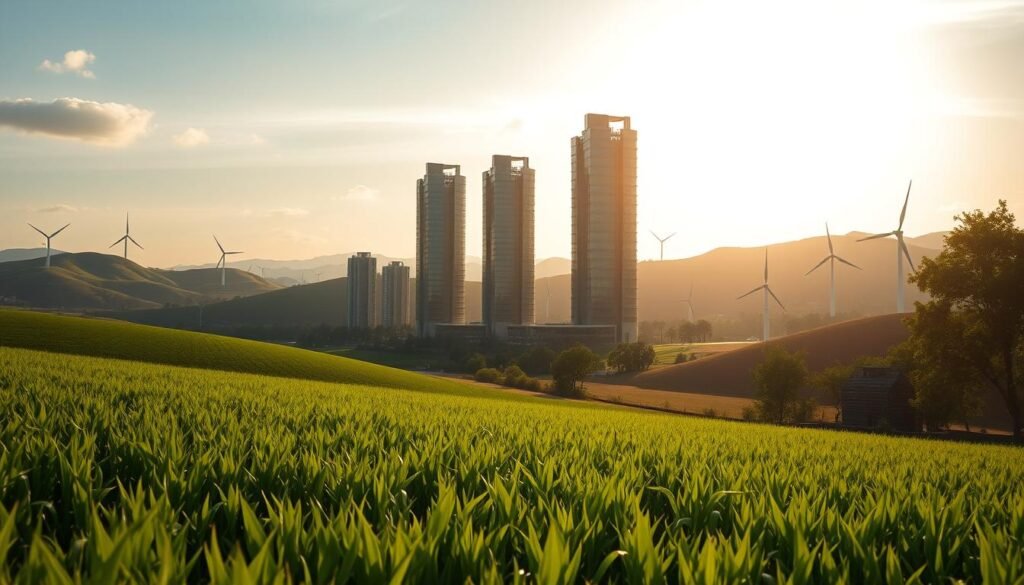 A serene landscape showcasing the harmonious integration of sustainable development and investment. In the foreground, a verdant, well-tended field symbolizes thriving agricultural practices. Towering skyscrapers in the middle ground represent modern, eco-friendly architecture, their sleek, glass facades reflecting the sky above. In the background, rolling hills are dotted with wind turbines, harnessing renewable energy to power the scene. Warm, golden sunlight bathes the entire composition, creating a sense of prosperity and progress. The overall atmosphere evokes a balance between economic growth and environmental preservation, encapsulating the pivotal role of investment in driving sustainable development.