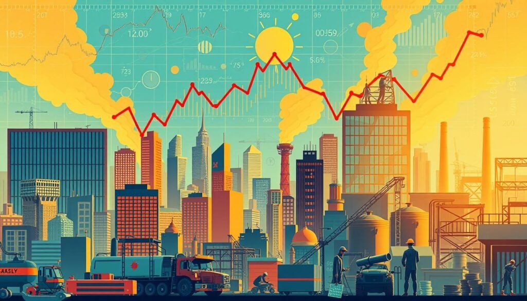 A vibrant, detailed illustration depicting various economic effects and impacts. Set against a backdrop of charts, graphs, and financial symbols, the foreground showcases a diverse array of economic elements - surging stock prices, bustling city skylines, factory machinery, and workers. Utilize a wide-angle perspective with warm, golden lighting to convey a sense of dynamism and prosperity. Incorporate subtle, abstract shapes and forms to represent the complex, interconnected nature of economic systems. The overall mood should be one of energy, progress, and the multifaceted influence of economic policies.