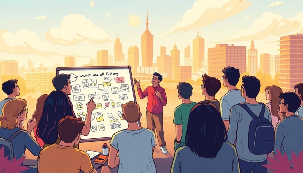 A vibrant, energetic illustration showcasing the key steps to launching a successful youth initiative. In the foreground, a diverse group of young people brainstorming ideas, sketching plans, and collaborating on a whiteboard. The middle ground features a leader passionately presenting their vision, surrounded by an engaged audience. In the background, a cityscape with modern architecture symbolizes the broader impact and reach of the initiative. Warm, optimistic lighting casts a glow over the scene, reflecting the spirit of innovation and determination. Crisp, cinematic composition captures the dynamic energy of the moment, inspiring viewers to take action and make a difference.