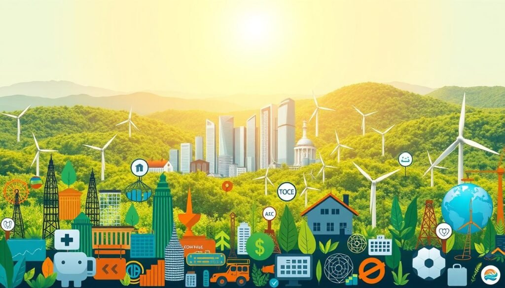 A vibrant illustration of sustainable investment tools, showcasing a dynamic array of financial instruments and technologies. In the foreground, an array of symbols and icons representing diverse investment options - stocks, bonds, renewable energy, and ethical funds. In the middle ground, a clean and minimalist cityscape, with gleaming skyscrapers and renewable energy infrastructure. The background features a lush, verdant landscape, symbolizing the environmental sustainability that underpins these investment strategies. Bright, warm lighting casts a hopeful glow, conveying a sense of progress and optimism. The overall composition strikes a balance between the pragmatic and the visionary, reflecting the transformative potential of sustainable investment.