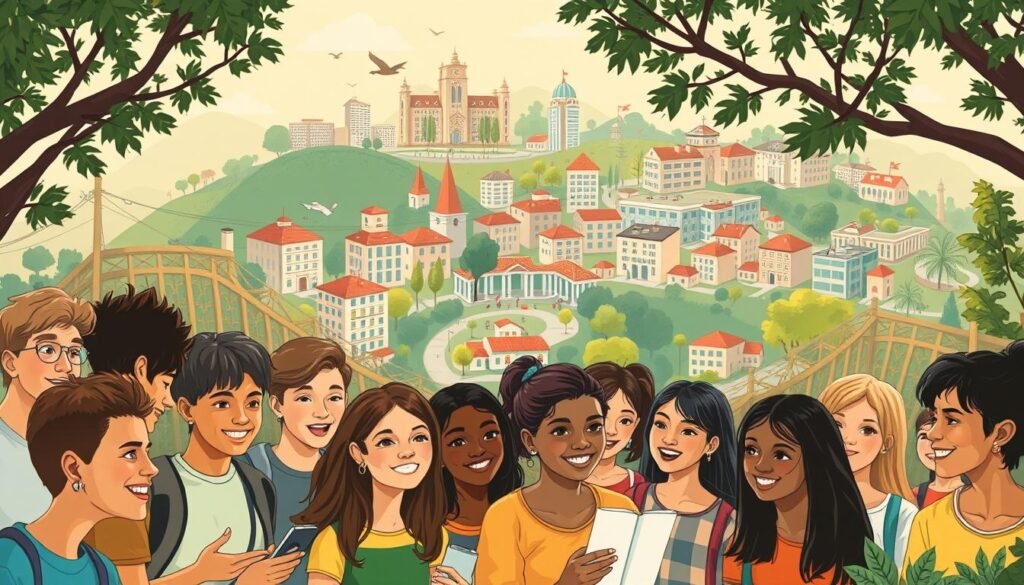 A vibrant illustration of young people passionately engaging in meaningful community initiatives. The foreground depicts a diverse group of youths collaborating, their faces alight with determination and purpose. In the middle ground, various creative projects and social programs unfold, representing the breadth of youth-driven change. The background showcases a thriving, interconnected community, with buildings, public spaces, and natural elements reflecting the positive impact of these initiatives. Warm, natural lighting illuminates the scene, conveying a sense of optimism and empowerment. The overall composition captures the essence of youth-led transformation, inspiring viewers to recognize the vital role of young people in shaping a better future.