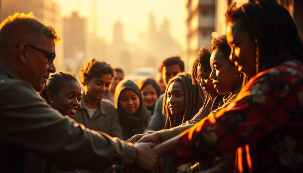 Dramatic and inspiring community initiatives, showcased in a vibrant visual narrative. A dynamic tableau of diverse individuals collaborating, their faces alight with purpose and determination. Warm lighting illuminates their actions, casting an ethereal glow that radiates outward. In the background, a blurred cityscape serves as a contextual stage, hinting at the broader societal impact of these grassroots efforts. Rendered with a cinematic flair, the scene conveys a sense of optimism, unity, and the transformative power of community-driven change.