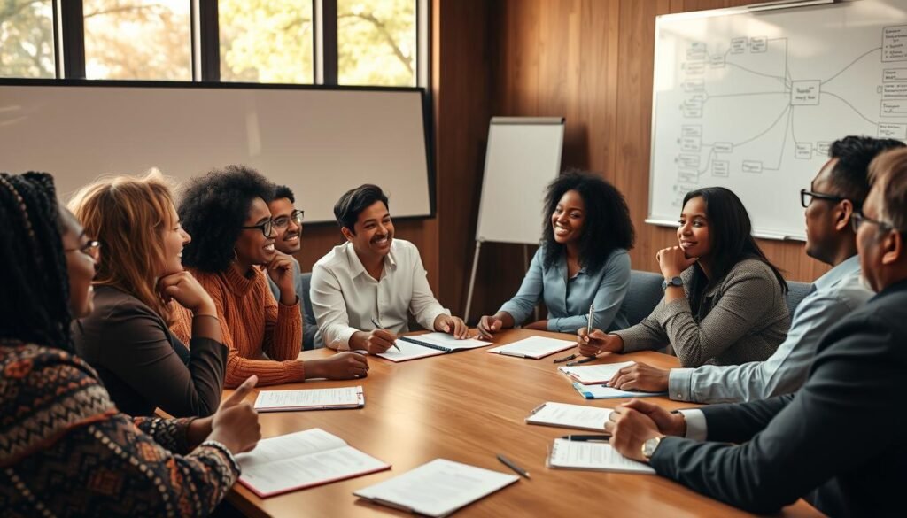 A boardroom filled with diverse individuals engaged in lively discussion, their faces animated with thoughtful expressions. The table is adorned with carefully placed notepads and pens, creating a sense of collaborative planning. Warm, natural lighting filters through large windows, casting a soft glow on the scene. In the background, a whiteboard displays mind maps and diagrams, hinting at the strategic process unfolding. The atmosphere is one of active listening, mutual respect, and a shared determination to achieve the organization's mission.