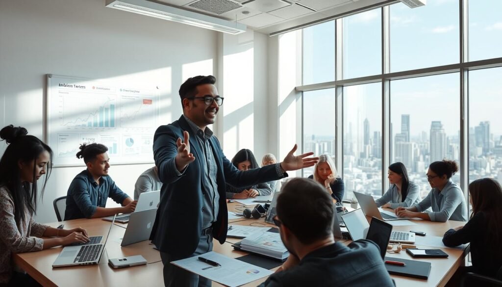 A bustling NGO office, sunlit and airy, with a team gathered around a conference table, poring over charts and graphs. In the foreground, a leader gestures enthusiastically, hands outstretched, eyes alight with determination. Behind them, a wall-sized whiteboard displays ambitious growth targets and strategic initiatives. The middle ground features a cluster of team members, some typing furiously on laptops, others engaged in animated discussions. In the background, floor-to-ceiling windows offer a panoramic view of a thriving city skyline, symbolizing the NGO's expansive reach and aspirations. The overall mood is one of focused energy, collaborative synergy, and a palpable sense of purpose driving the organization forward, post-accelerator.