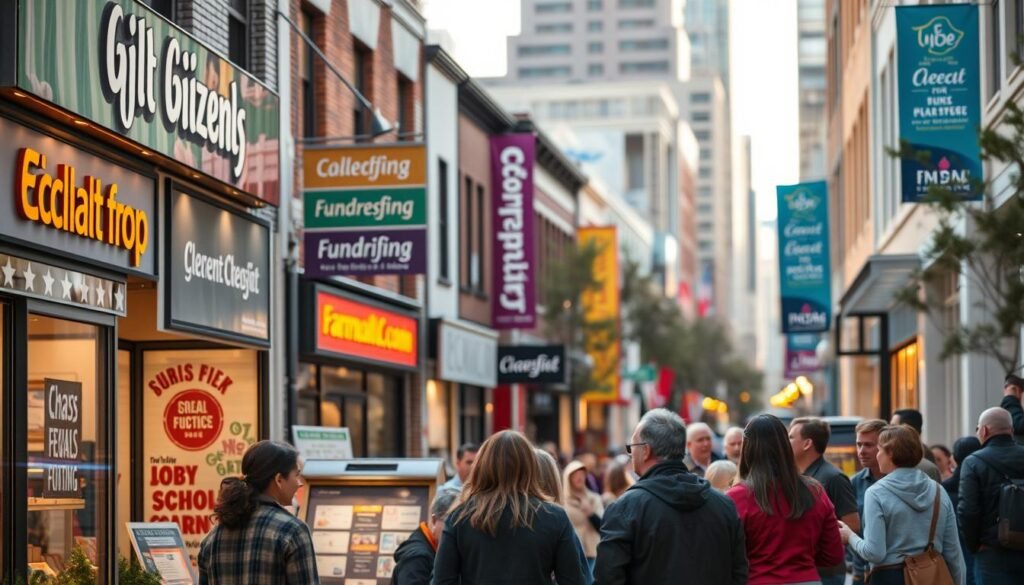 A bustling city street lined with local businesses, their storefronts adorned with vibrant signs and banners showcasing their partnership for a community fundraising event. In the foreground, a group of people gather around a lively display, engaged in animated discussions. Warm, natural lighting casts a welcoming glow, while the background features a blend of modern architecture and cozy storefronts, creating a sense of urban energy and collaboration. The overall scene conveys the idea of local businesses coming together to support a shared charitable cause, fostering a spirit of community and fundraising success.