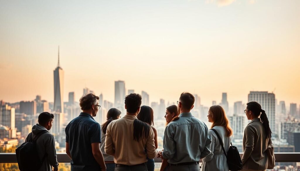 A bustling cityscape serves as the backdrop, skyscrapers and office buildings dotting the horizon. In the foreground, a group of diverse individuals stand together, engaged in a collaborative discussion. Warm, natural lighting casts a soft glow, emphasizing the sense of partnership and understanding. The middle ground features a stylized graphic representing the intertwining of corporate and social responsibility initiatives, the lines blending seamlessly. The overall atmosphere conveys a harmonious, solution-oriented approach to building successful CSR partnerships, where stakeholders come together to drive positive change.