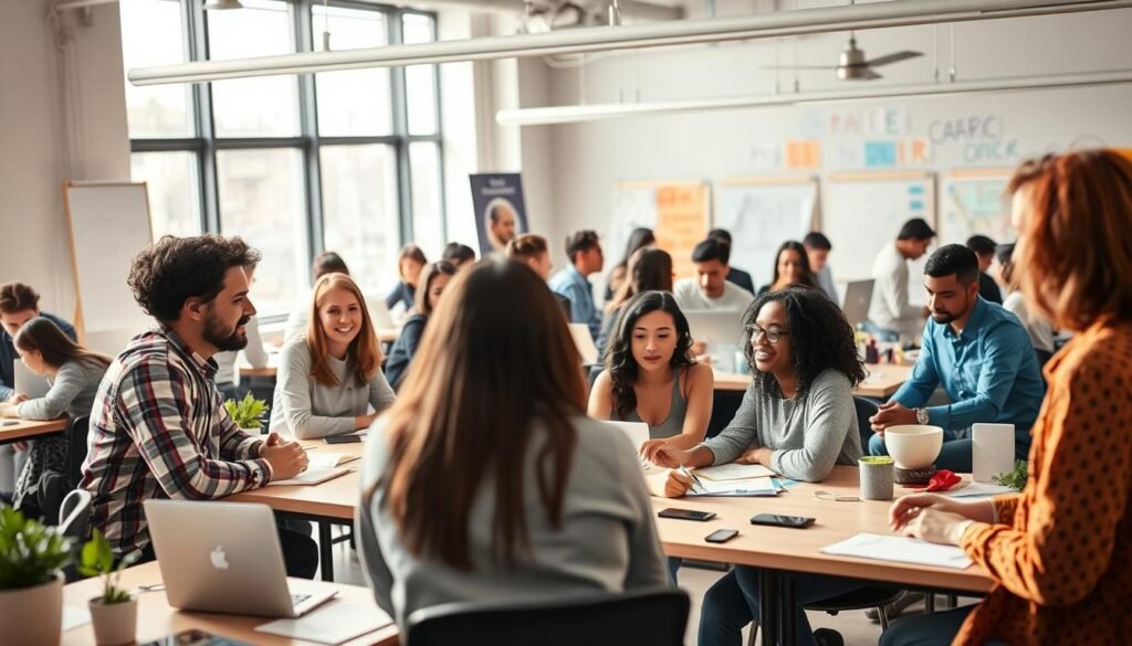 A bustling co-working space filled with desks, whiteboards, and passionate individuals collaborating on impactful NGO initiatives. Soft natural lighting filters through large windows, illuminating the vibrant energy of the accelerator program. In the foreground, a group of professionals engaged in a lively brainstorming session, their expressions animated as they discuss innovative solutions to pressing social challenges. In the middle ground, mentors provide guidance to eager entrepreneurs, guiding them through the complexities of scaling their NGOs. The background showcases the diversity of the accelerator's cohort, a tapestry of cultures and experiences united by a common drive to create positive change. An atmosphere of inspiration and camaraderie pervades the scene, capturing the essence of the top NGO accelerator programs in the United States.