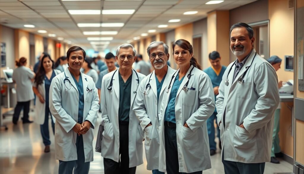 A bustling hospital scene, with medical professionals in crisp white coats and scrubs moving with purpose through the corridors. In the foreground, a group of senior physicians and administrators stand together, engaged in a serious discussion, their body language conveying an air of authority and leadership. The lighting is warm and professional, casting subtle shadows that accentuate the features of the individuals. In the background, the hum of activity can be seen, with nurses tending to patients and medical equipment lining the walls. The overall impression is one of a well-oiled, high-functioning healthcare system, where the leadership plays a vital role in guiding the operations and shaping the future of the field. A bustling hospital scene, with medical professionals in crisp white coats and scrubs moving with purpose through the corridors. In the foreground, a group of senior physicians and administrators stand together, engaged in a serious discussion, their body language conveying an air of authority and leadership. The lighting is warm and professional, casting subtle shadows that accentuate the features of the individuals. In the background, the hum of activity can be seen, with nurses tending to patients and medical equipment lining the walls. The overall impression is one of a well-oiled, high-functioning healthcare system, where the leadership plays a vital role in guiding the operations and shaping the future of the field.