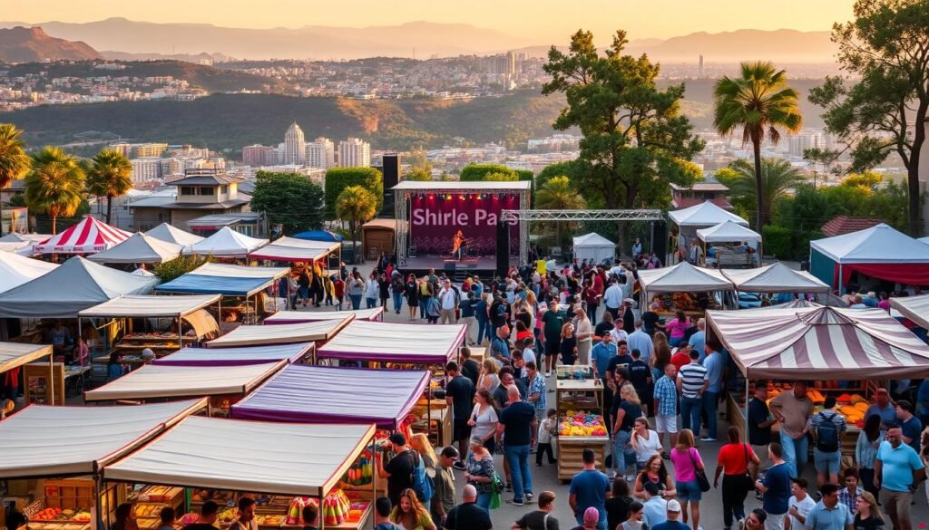 A bustling outdoor event venue with a lively mix of vibrant stalls, food carts, and crowds gathered around. The foreground features local artisans showcasing handmade crafts and produce, while the middle ground showcases a stage with live music or cultural performances. The background depicts a picturesque cityscape or scenic natural landscape, bathed in warm, golden hour lighting. The overall atmosphere conveys a sense of community, cultural exchange, and economic vitality.